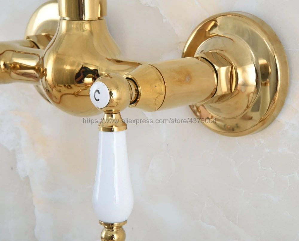 Gold Color Brass Bathroom Shower Faucet Mixer Tap With Hand Held Shower Double Handles Wall Mounted Bathroom Faucet Nna844