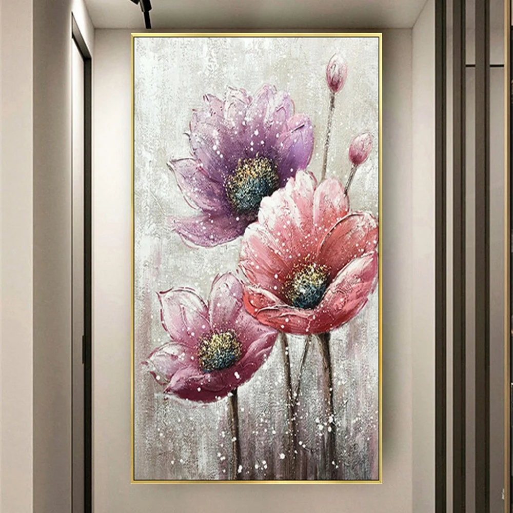 

100% Hand-painted Abstract Oil Painting Purple Red Floral Modern Wall Art For Living Room Canvas Home Decor Artwork Salon Mural