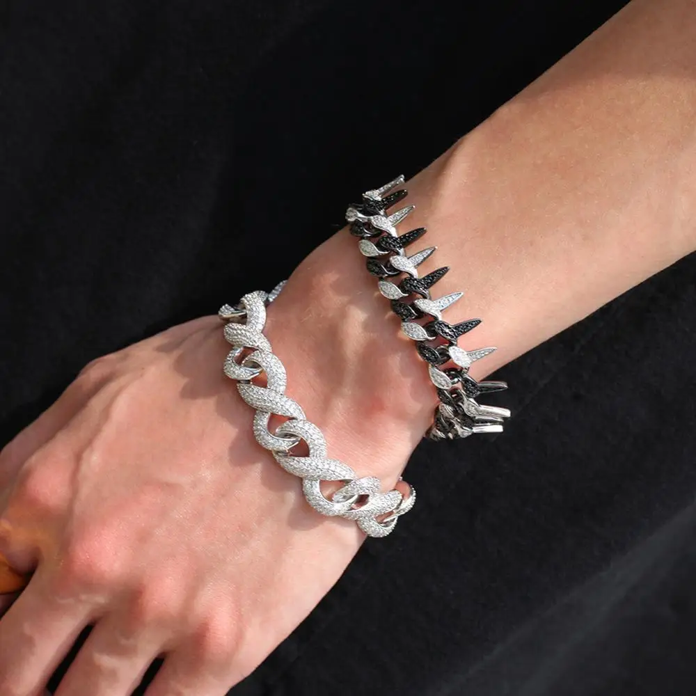 Black White CZ Stone Paved Hip Hop Bling Iced Out Round Miami Cuban Chain Rivet Bracelets for Men Rapper Jewelry Drop Shipping