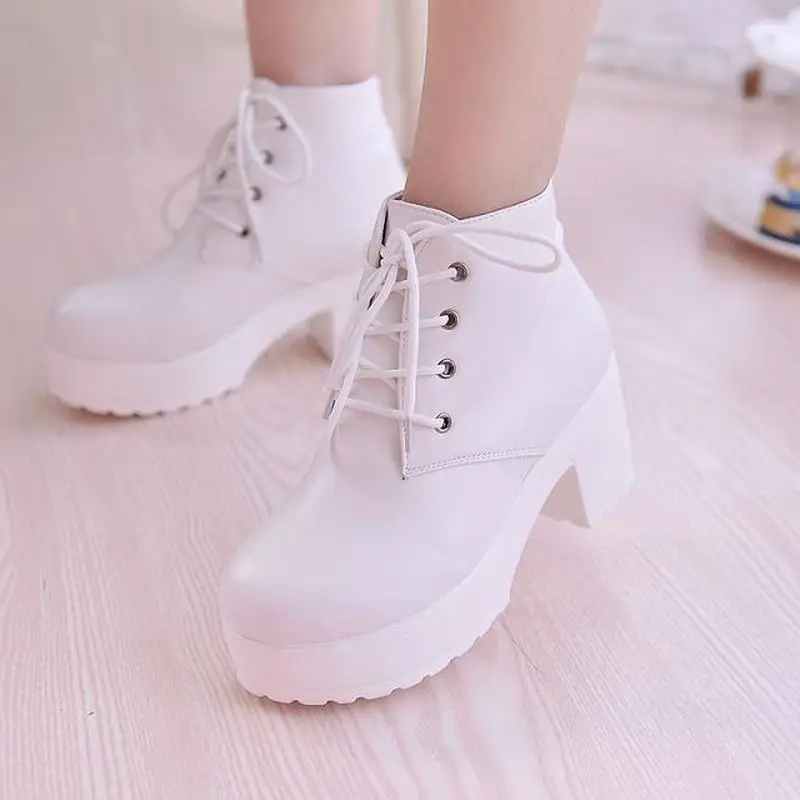 g4 Women's Single Boots New Horse Boots Square Heel Round Toe Spring High Heel Boots Lace-Up Plus Size 35-45