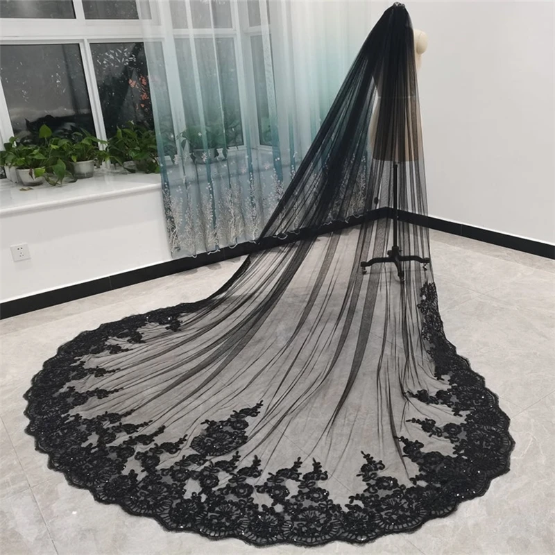 Black Bridal Veil with Comb Sequins Lace Tulle Wedding Accessories Cathedral Long Veils for Bride 3 5 Metres Velos de Novia