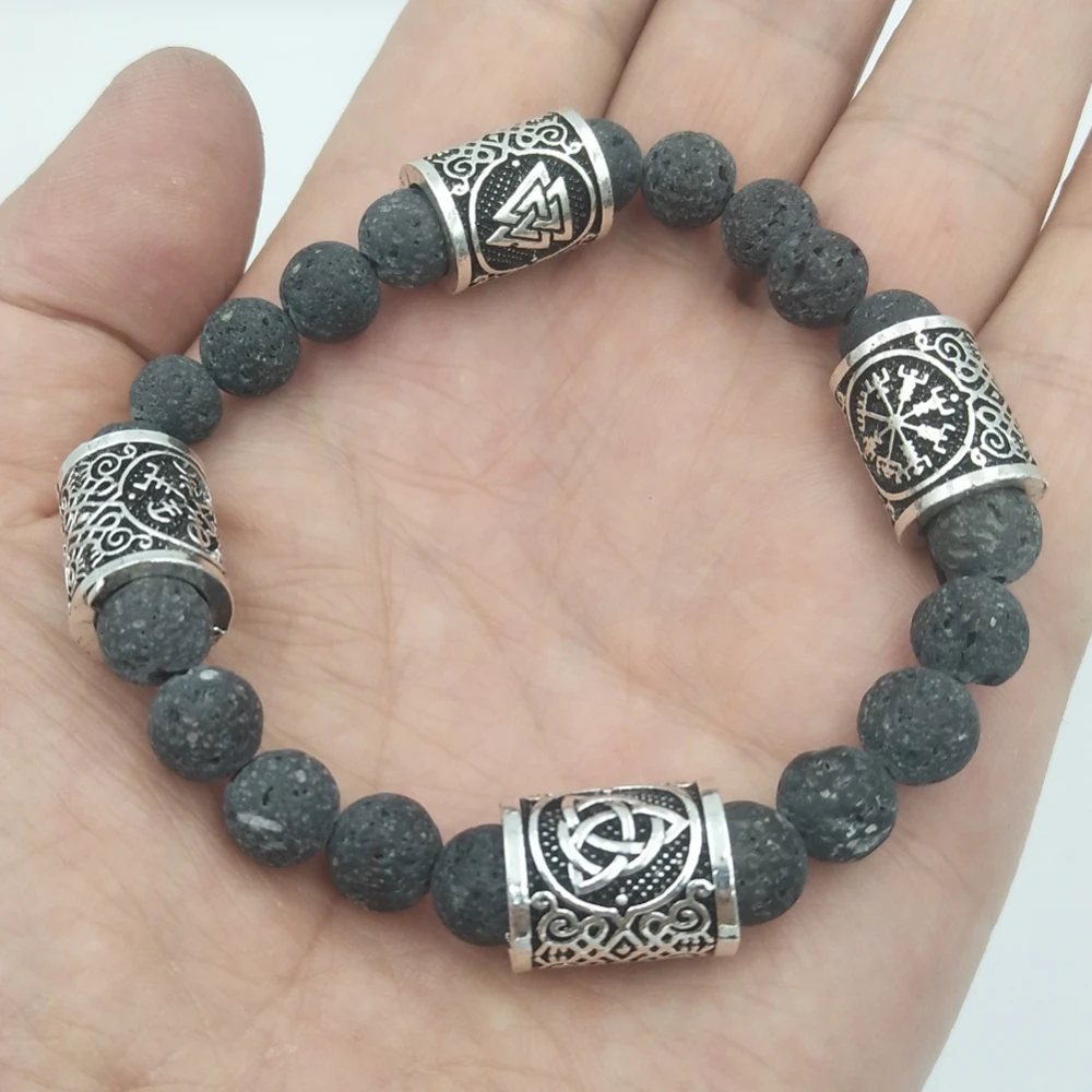 Slavic Men Bracelet Natural Lava Stone rune Bead Amulet Vikingos Compass celts knot Runes Jewelry