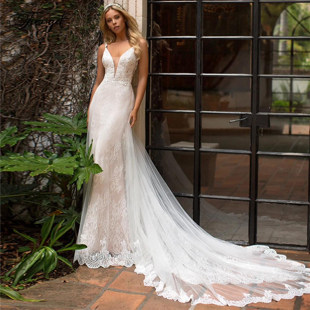 

Traugel V-Neck Mermaid Lace Wedding Dresses Chic Applique Spaghetti Strap Backless Bride Dress Chape Train Bridal Gown Plus Size