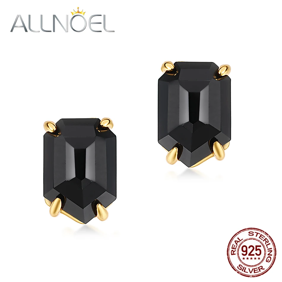 ALLNOEL 925 Sterling Silver Earrings For Women 100% Natural Irregular Black Agate Earrings Gold-Plated Engagement Fine Jewelry