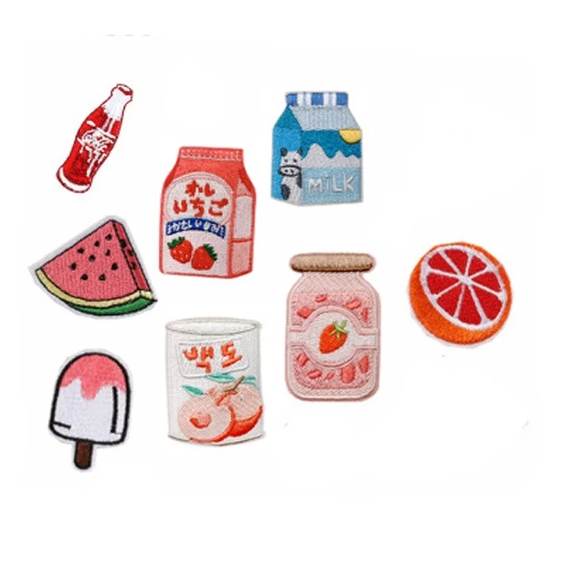 

Fruit Milk Bottle Strawberry Watermelon Coke Orange Patch Clothes DIY Feather Badges Stickers for Backpack Printed Stripe Decal