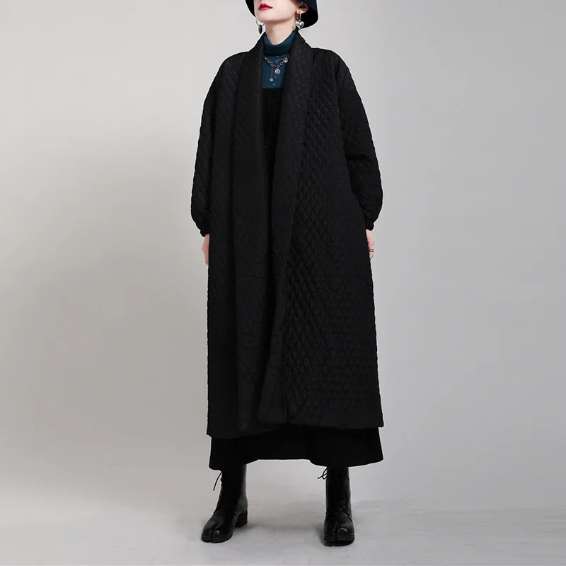 

Female new autumn and winter dark design sense rhombic cotton outerwear back slit button long loose cotton coat