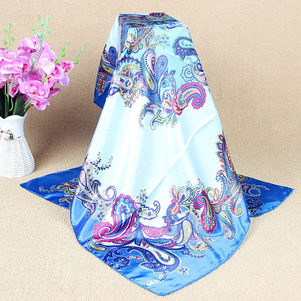 QLUKEOYY Silk Scarf 90cm Printed Large Square Scarf Wave Cashew Flower High Quality Satin Headcloth Coverchief Kerchief Muffler