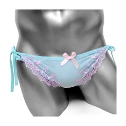 Bragas de encaje bordadas para hombre, ropa interior Sexy Gay, Lolita, Kawaii, con lazo lateral