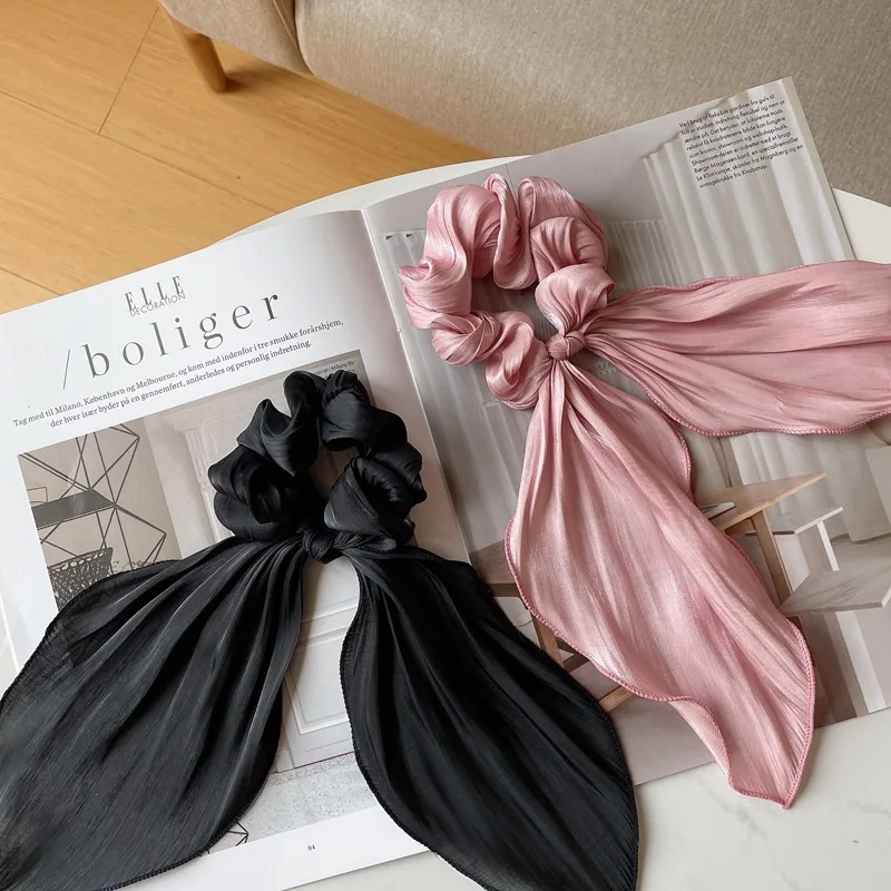 Satin Bow Long Ribbon Scrunchies Elastic Hair Bands Women Girls Ponytail Holder Hair Ties Solid Headband Hair Accessories