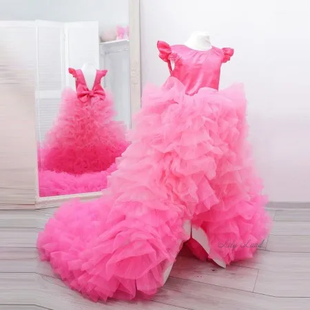 

New Arrival Extra Puffy Tulle Kids Dresses With Long Train Hi Lo Ruffles Pleated Bow Bow Satin Photo Shoot Dress