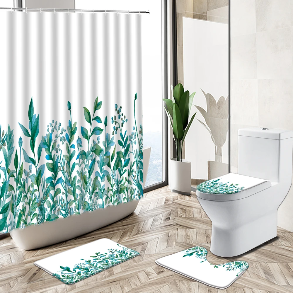 Green Plant Leaf Scenery Shower Curtain Sets Foliage Flower Rural Style Bathroom Decor Non-Slip Carpet Toilet Cover Floor Mat