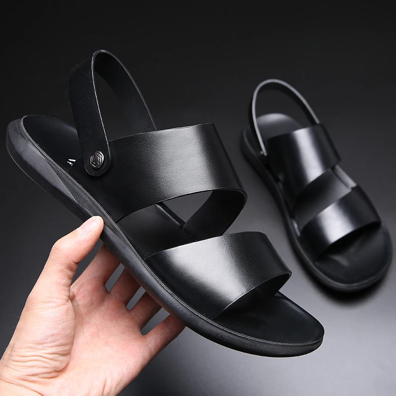 Yomior New Fashion Vintage Men Shoes Cow Leather Soft Breathable Casual Flats Summer Beach Sandals Slippers Flip Flop Black