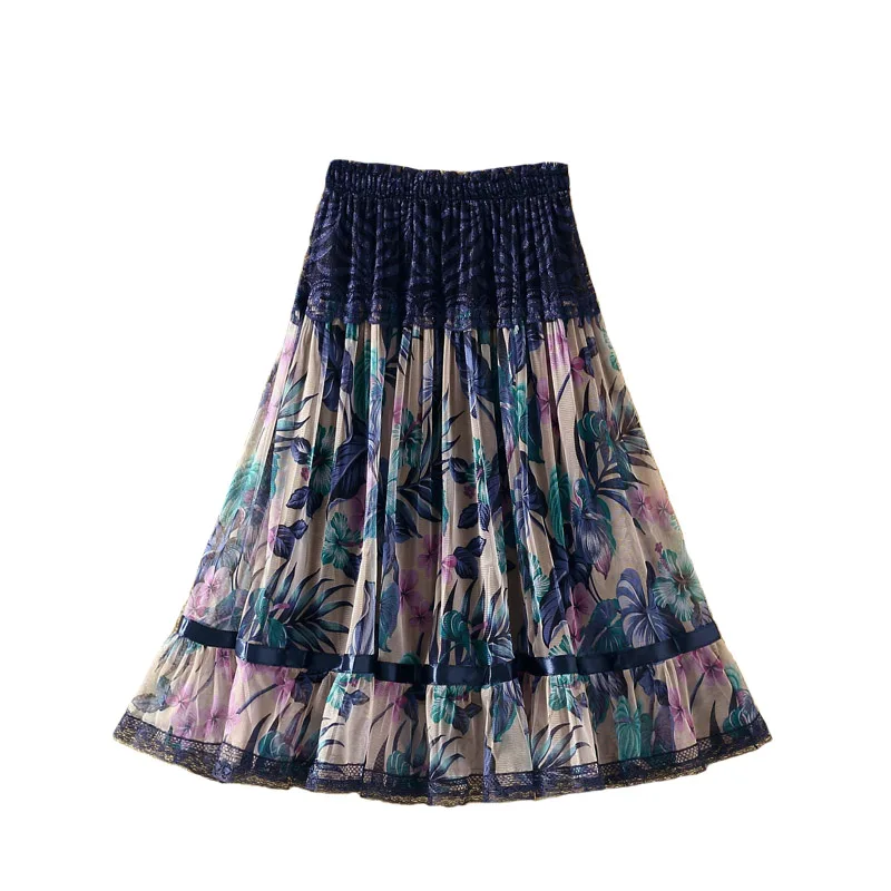 Vintage Casual Pleated Grace Lace Skirts Lithe Soft Stretchy 2024 Fashion Women Large Size Print Bohemia Medium Beautiful Lady