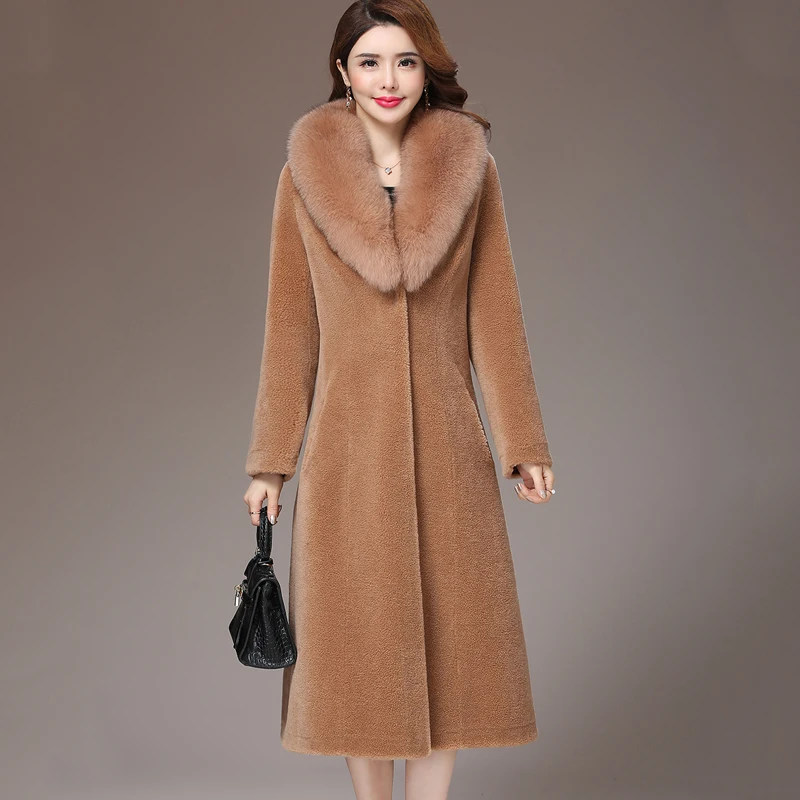 AYUNSUE Sheep Shearling Real Fur Coat Winter Jacket Women Fox Fur Collar Wool Coat Women Long Jackets clothes Manteau Femme MY