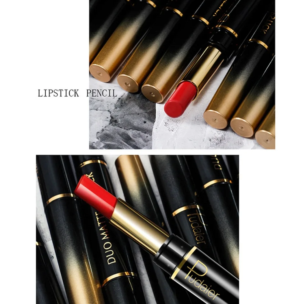 Pudaier Double-end Lip Makeup Lipstick Pencil Waterproof Long Lasting Tint Sexy Red Lip Stick Beauty Matte Liner Pen Lipstick