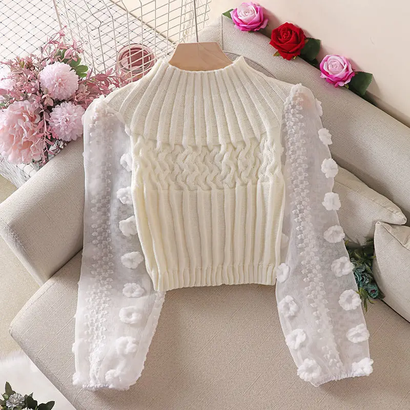 2022Super Fairy Bubble Sleeve Mesh Stitching Crew Neck Tight Slim Short Women\'s Sweater T-shirt