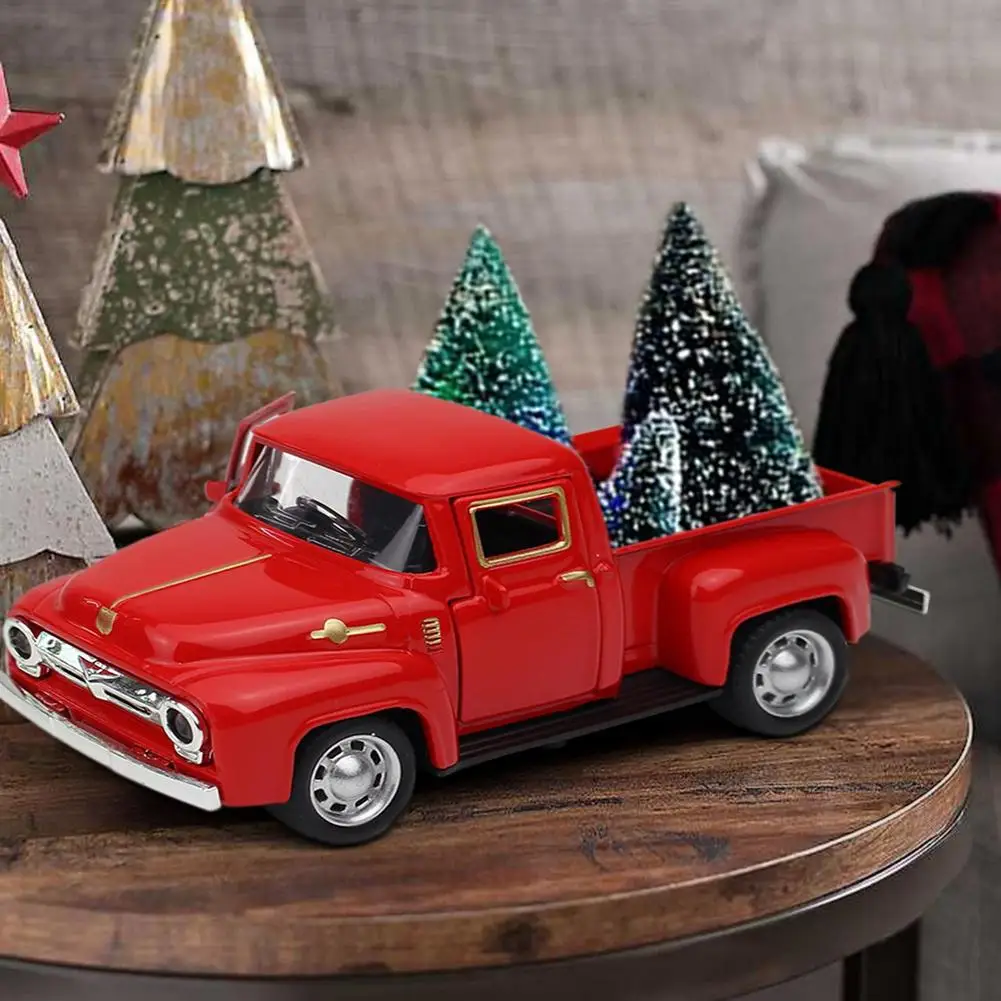 Christmas Trucks Ornaments Retro Vintage Metal Pickup Truck Transporting Christmas Tree Red Car Kids Gifts Toy for Birthday