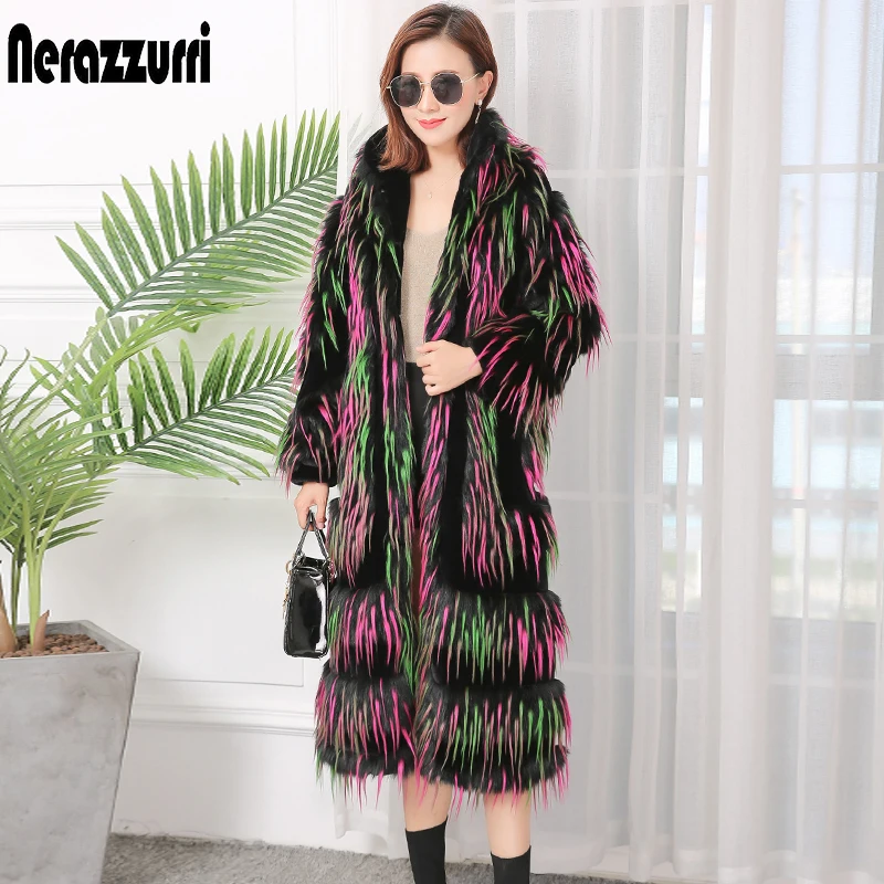 

Nerazzurri Winter Long Fluffy Warm Faux Fur Coat Women with Long Raglan Sleeve Color Block Colorful Runway Korean Fashion 2022