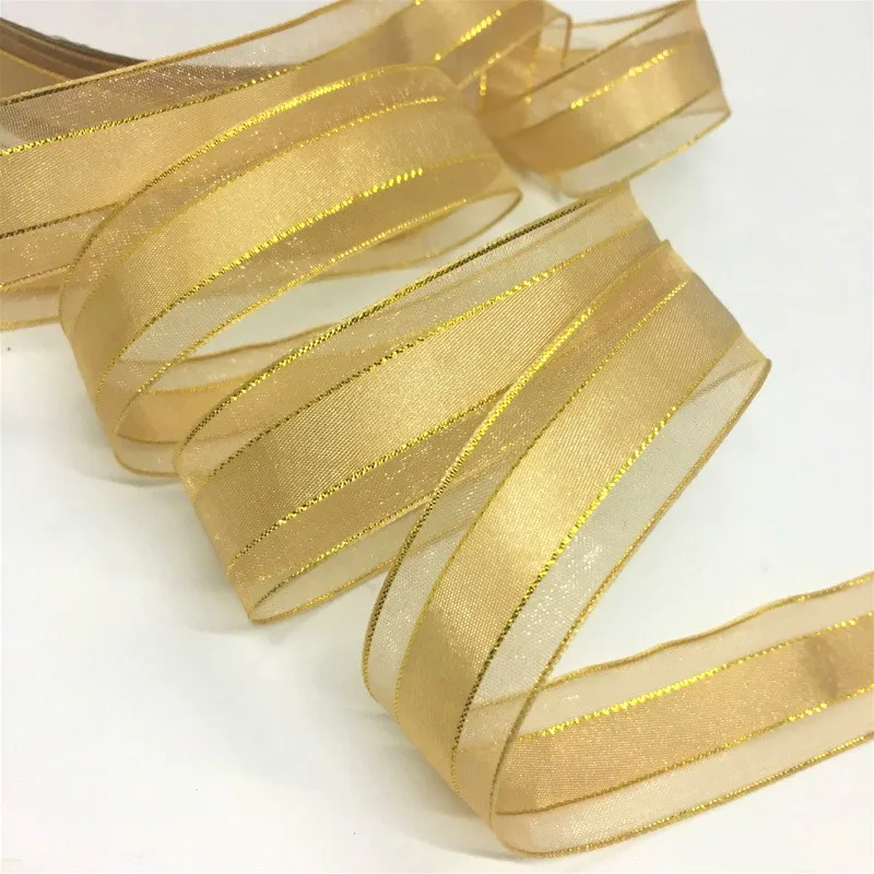 Gold Silver Lurex Organza Satin Ribbon 2.2cm 10Y For Gift Floral Packing Handmade Craft Bows Party Wedding Christmas Deco