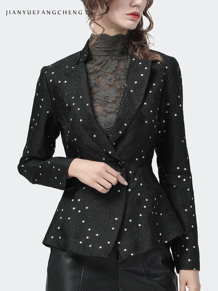 Fashion Suit Collar Black Polka Dots Women\' Blazer Long Sleeve Single-Button Slim Short Jacket 2022 Autumn New Jacquard Coat