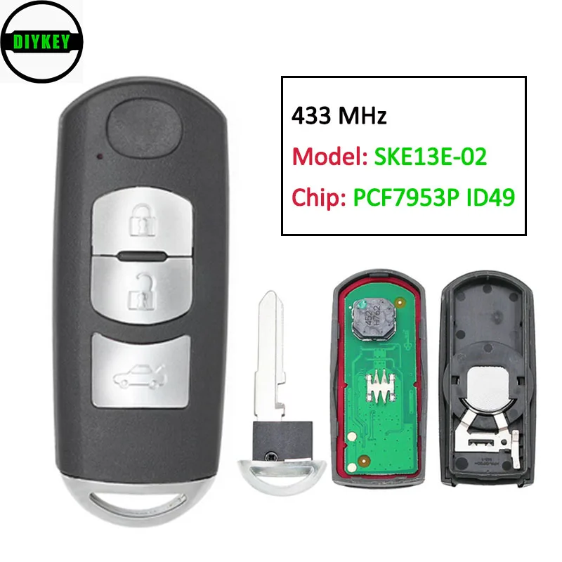 

DIYKEY 3 Buttons Smart Card Remote Key 433MHz with PCF7953P 49 Chip for Mazda 3 6 2012-2017 FCC: SKE13E-02