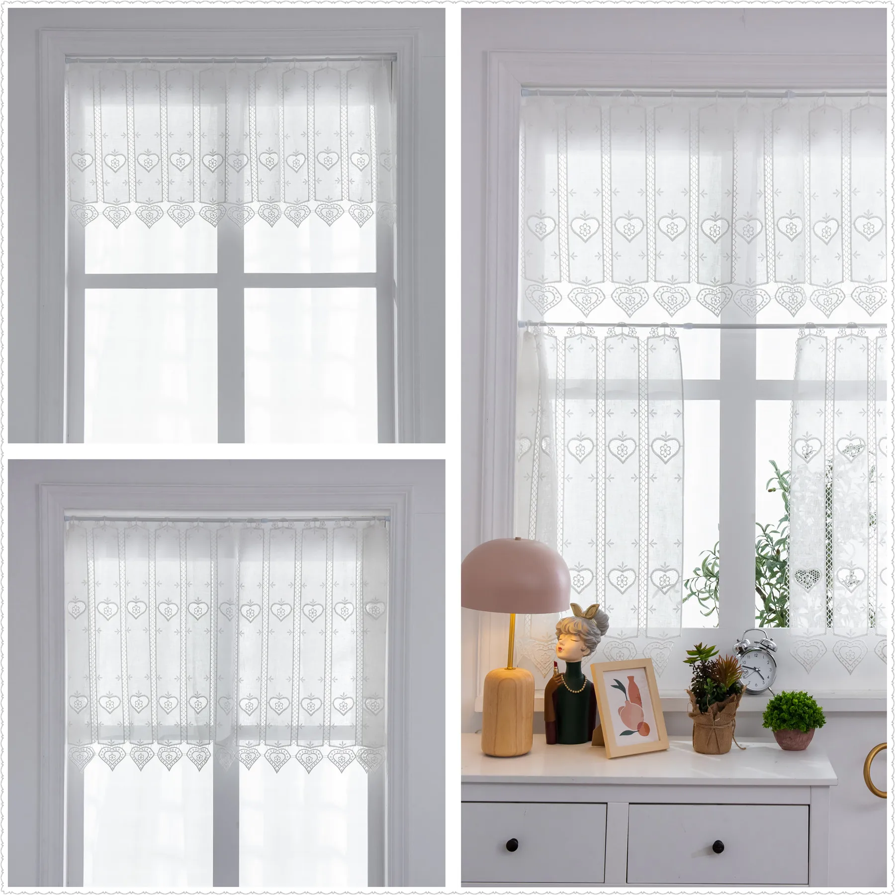 Linen Short Curtain For Kitchen Bathroom Bookcase  Mould Proof Easy Install  Embroidery White, Provide Bulk Purchase