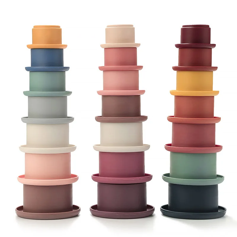 Baby Silikon Stapeln Tasse Bunte Intelligenz Geschenk Klapp Turm Spielzeug Montessori Pädagogisches Spielzeug Säuglingsbad Spielen Wasser Set – Detail 3