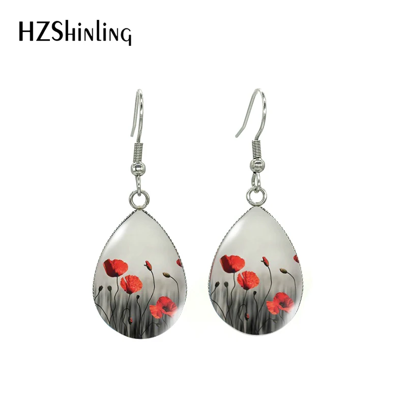New Arrival Tear Drop Hook Earrings Poppies Glass Dome Cabochon Earrings Jewelry