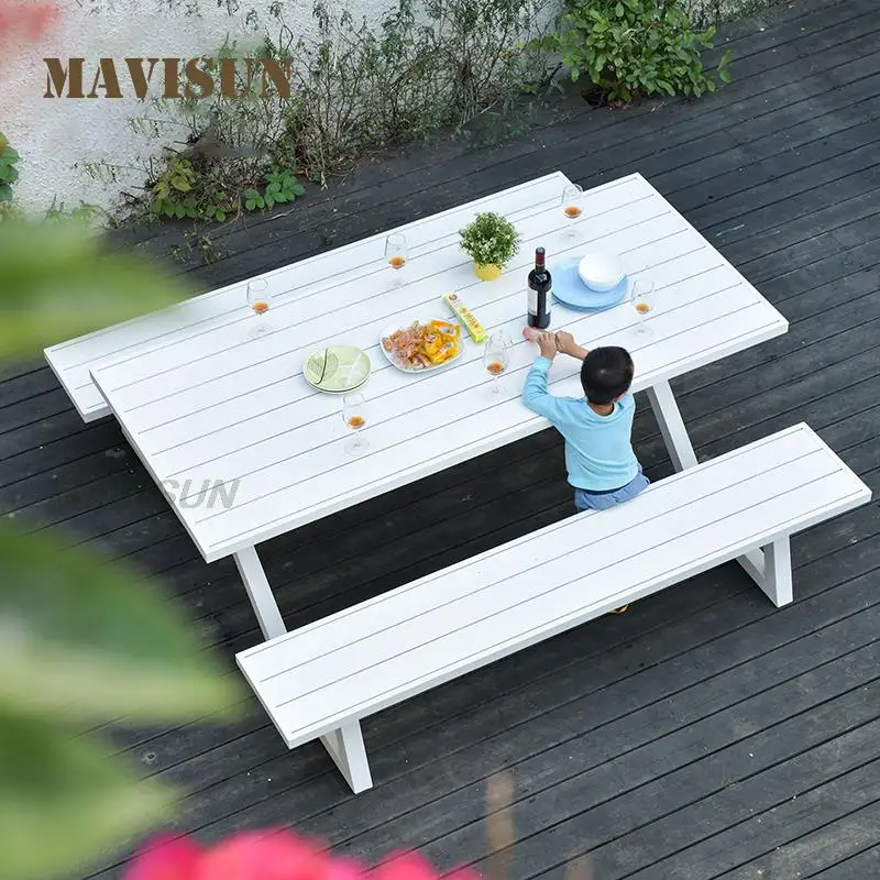 

Nordic Outdoor Table And Chair Integrated Dining Long Table Garden Courtyard Aluminum Alloy Waterproof Leisure Combination