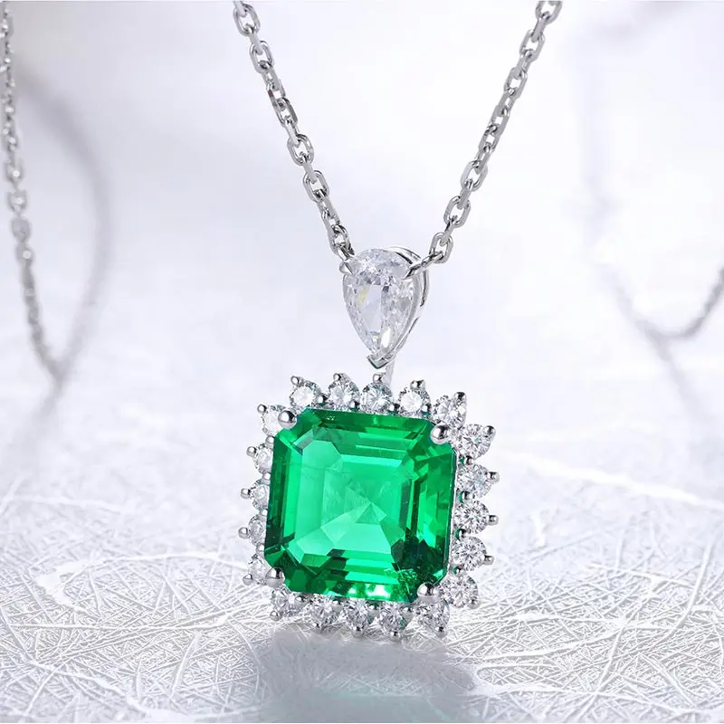 VANTJ Real 10K Gold Pendant Sterling Lab Grown Emerald Created Gemstone Moissanite  Necklace for Women Party Wedding Gift