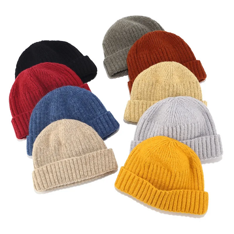 Plain Short Knitted Beanies Winter Skullies Hats for Women Men Hip Hop Casual Streetwear Yellow Khaki Beige Red