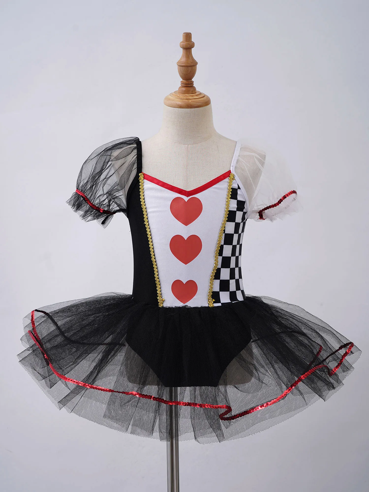 Kids Girls Mesh Tutu Ballet Dress Hearts Checkerboard Print Princess Carnival Party Clown Cosplay Leotard Costume Fancy Dress Up