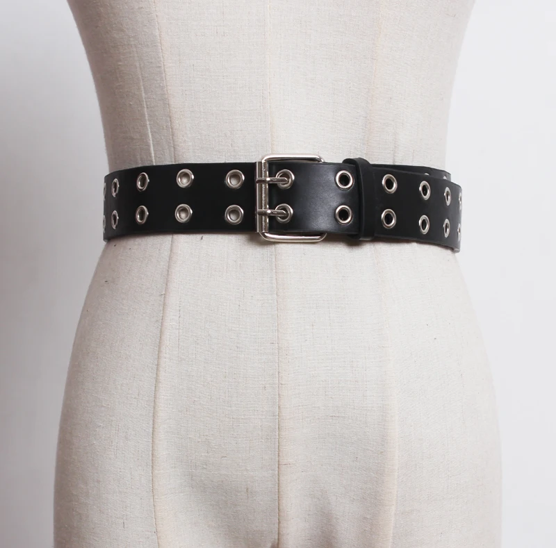 New Design Belts For Women Punk Silver Pin Buckle Belt Hollow Rivet Faux Leather Soft Black Waist Strap Jeans Dress Double Layer