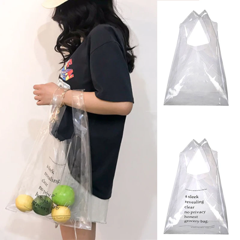 New Women Transparent PVC Shopping Bag Clear Fashion Reusable Letter Printed Eco-friendly Tote Bag