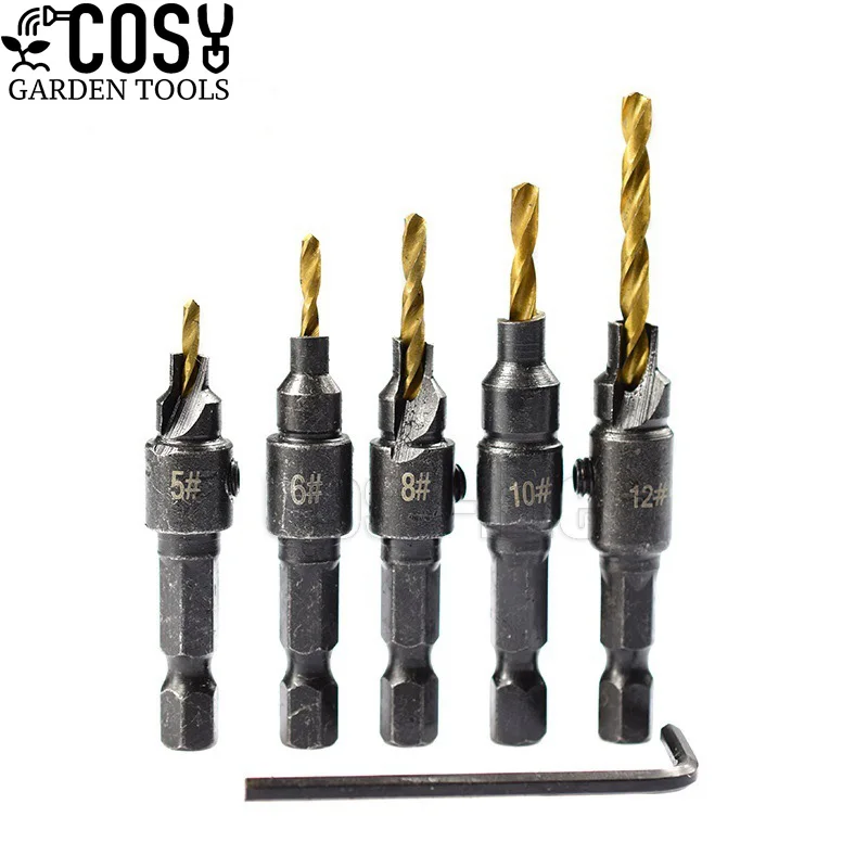 5pcs Countersink Drill Woodworking Drill Bit Set Drilling Pilot Holes For Screw Sizes #5 #6 #8 #10 #12 Hex Shank Screw Tools