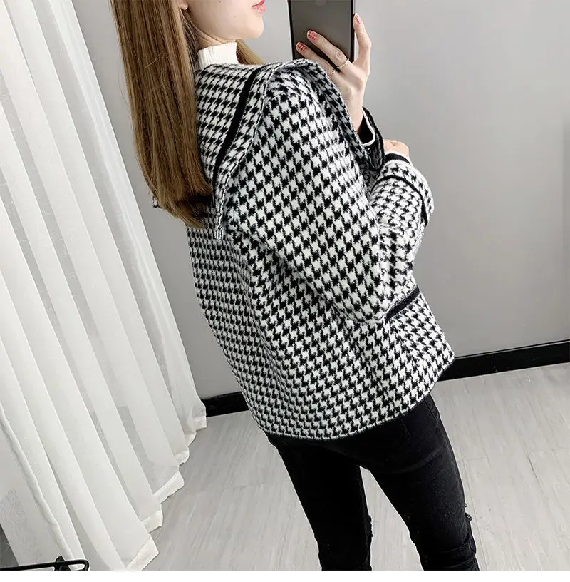 Sweater Jacket Female Autumn And Winter New 2023 Houndstooth Navy Collar Loose Mink Velvet Knitted Cardigan Fashion Casual