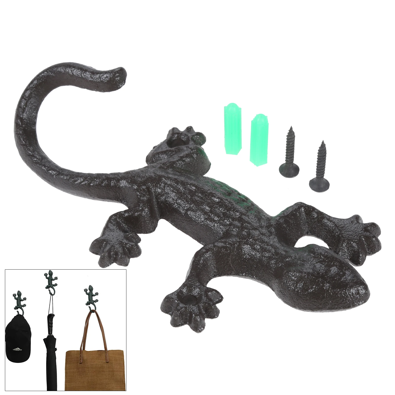 1set Cast Iron Gecko Wall Hook Rustic Wall Hanger Lizard Creative Antique Animal Vintage European Kitchen Bathroom Decor w/screw