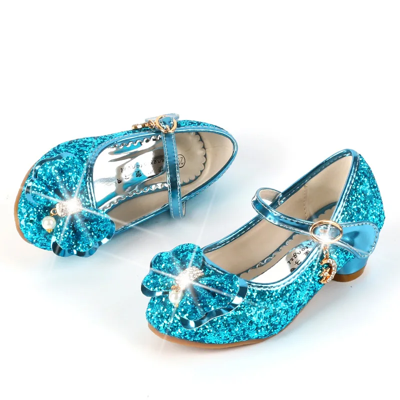 New Princess Kids Leather Shoes For Girls Flower Casual Glitter Party Children High Heel Shoes Butterfly Knot Blue Pink Silver