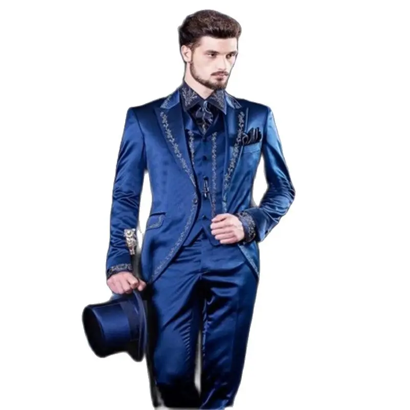 

3Pc Tailored Blue Embroidery Blazer Trousers Groom Men Suits Tuxedo Tailcoat Groomsmen Wedding Prom Party Wear Jacket+Pants+Vest