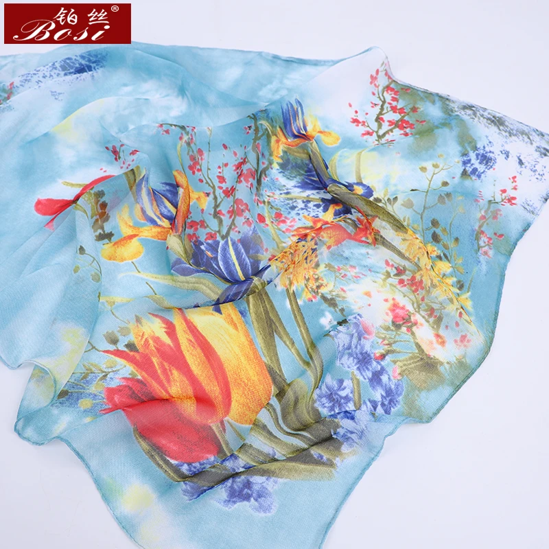 Lenço Chiffon para mulheres, lenços de seda finos, lenço de flor azul, hijab, atacado, primavera e verão, novo