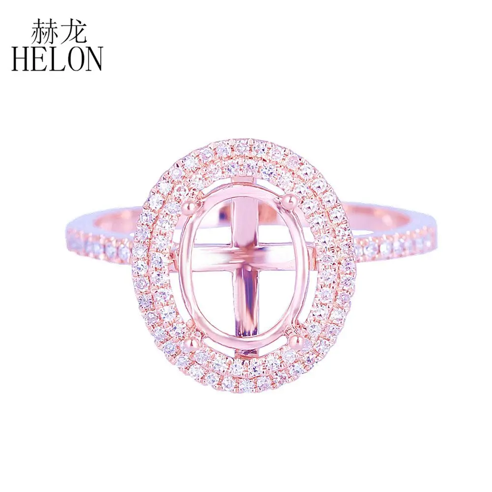 ELON 7x9mm Oval Solid 14K Rose Gold Pave Natural Diamond Semi Mount Engagement Ring Two Halo Diamonds Ring Women Fine Jewelry