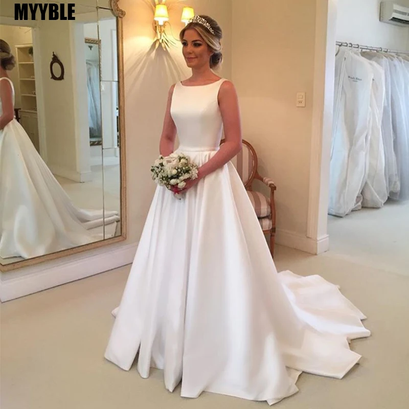 Elegante A-linie Brautkleider Ärmelloses Weiß Elfenbein Satin Backless Braut Kleid Nach Maß vestido de casamento Sweep Zug