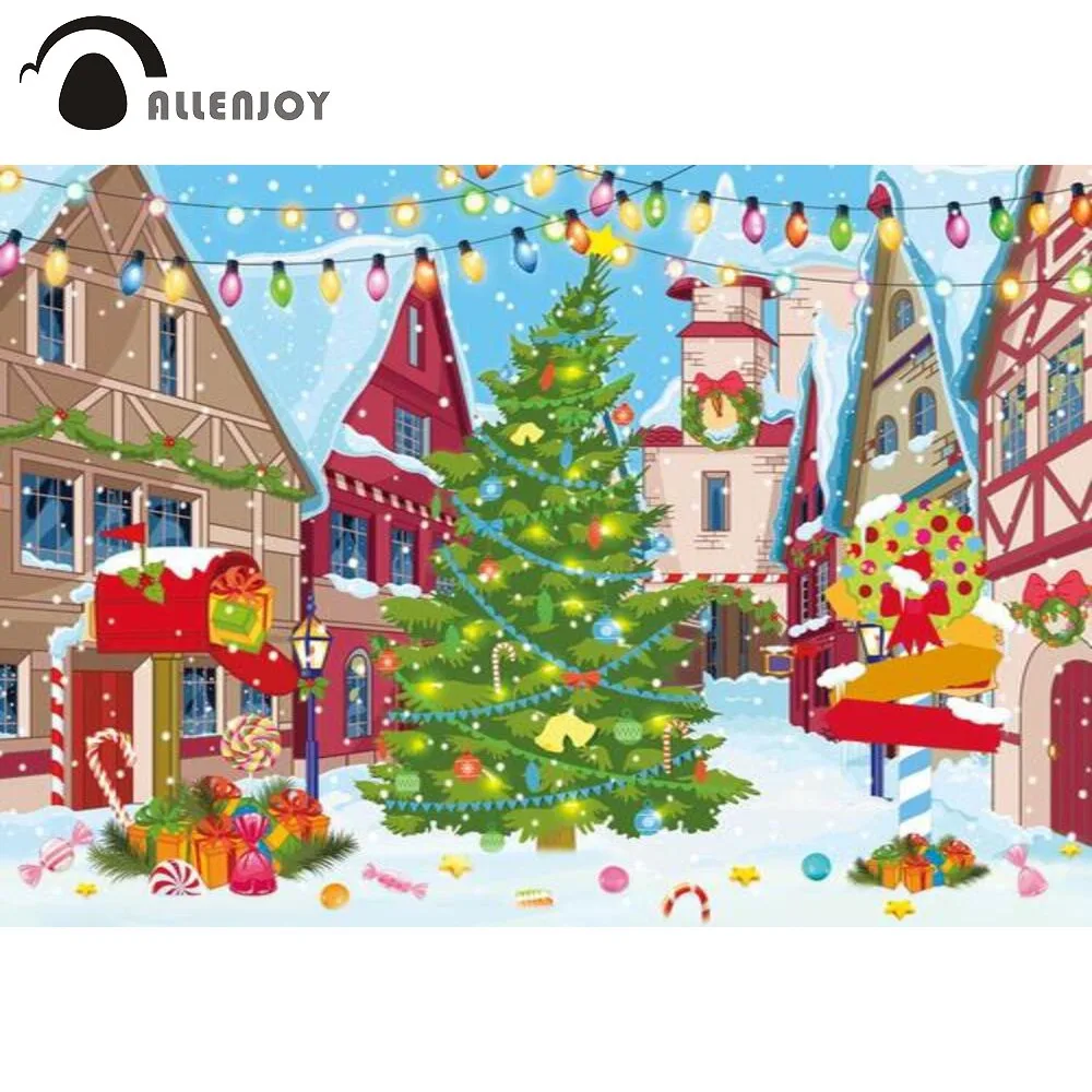 

Allenjoy Christmas Winter Colourful Lights Banner Background Outdoor Street Tree Gifts Snow Bells Photography Props Backdrop