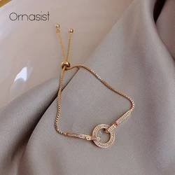 Elegant Women 14K Plated Gold Bracelet Round Adjustable Chains Simple Female Crystal Bracelet Fashion Daily Party Jewelry