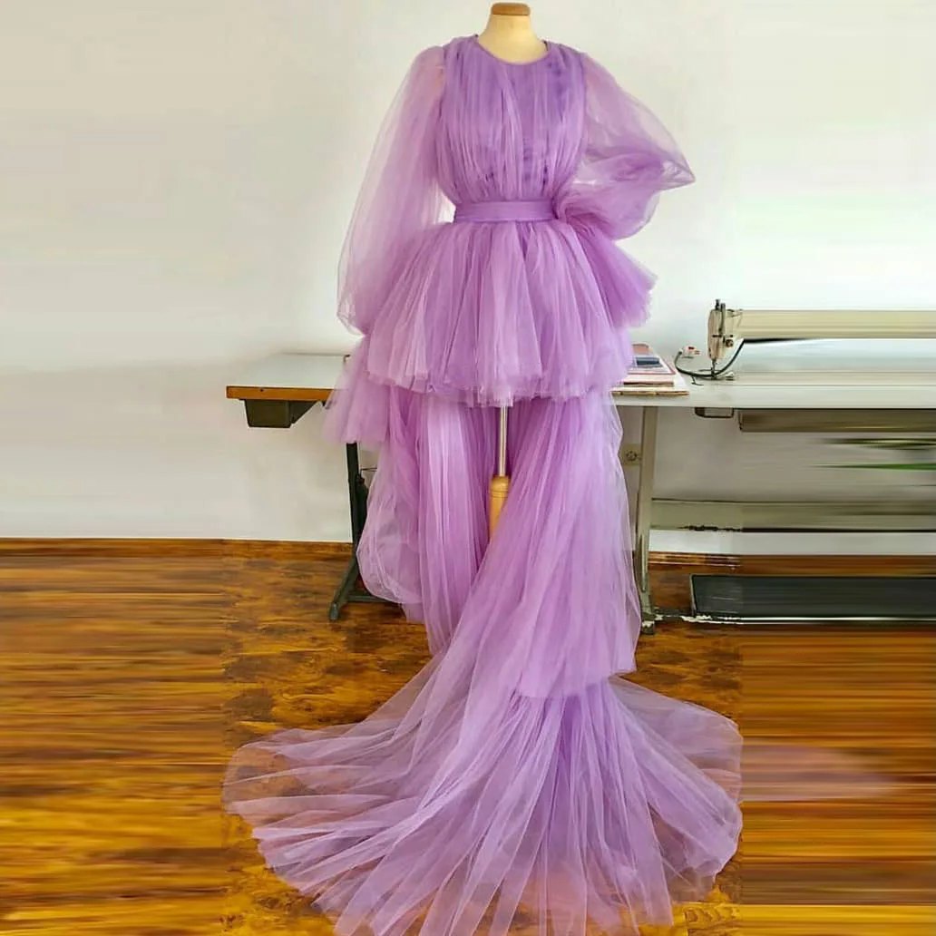 Exquisite Prom Dresses O-Neck See-Through Bubble Sleeve High Waist Layered Puffy Tulle Short Front Long Back Event Ball Gown