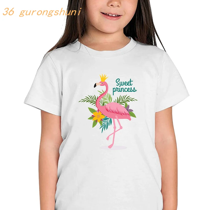 T-shirt dessin animé flamant rose pour enfants, vêtements pour garçons et filles, kawaii, princesse douce