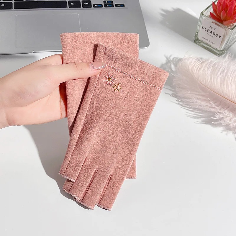 Autumn Winter Women Cotton Warm Touch Screen Half-Finger Gloves Exquisite Embroidery Writing Office Computer Work Drive Cycling