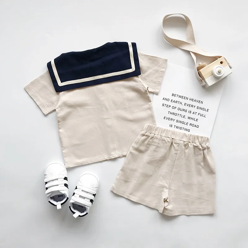 Humor Bear  Kids Clothes Sets Summer Japanese  Korean Style Kids Sailor Collar Cotton Linen T-shirt+Pants 2Pcs Cute Toddler Clot