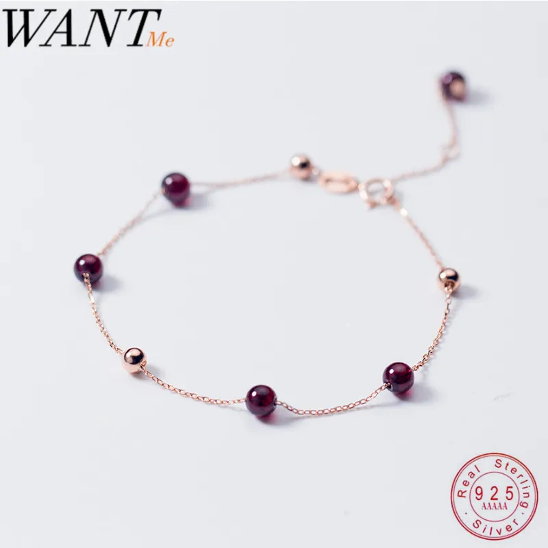 

WANTME Genuine 100% 925 Sterling Silver Fashion High Quality Garnet Bead Chain Charm Bracelets for Women Party Jewelry Teen Gift