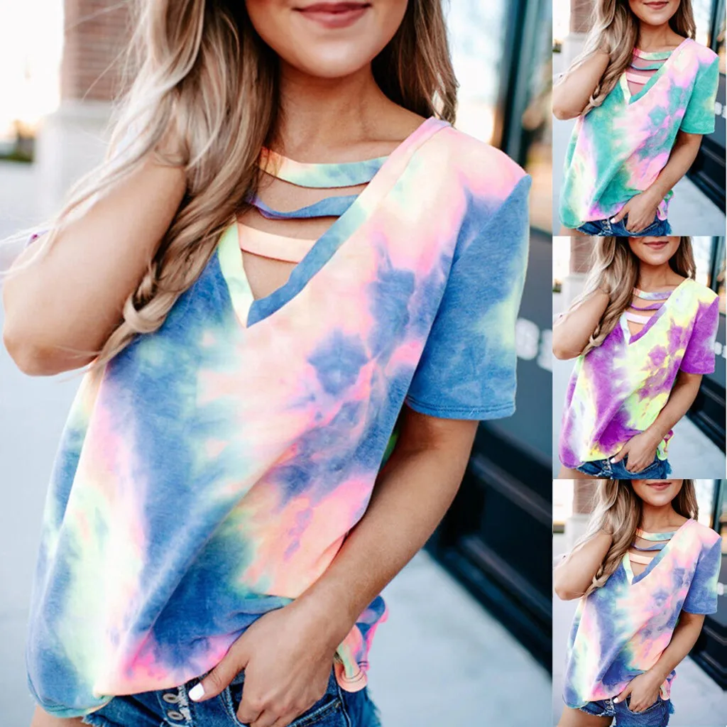 

2020 New Arrival Summer Fashion Gradient Colors Tees Top v-Neck Short Sleeve T-shirts For Women Tie-Dye T Shirt#0521Y30